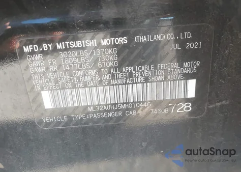 2021 Mitsubishi Mirage Carbonite Edition/Es/Le z USA, uszkodzony, nr VIN ML32AUHJ5MH010446